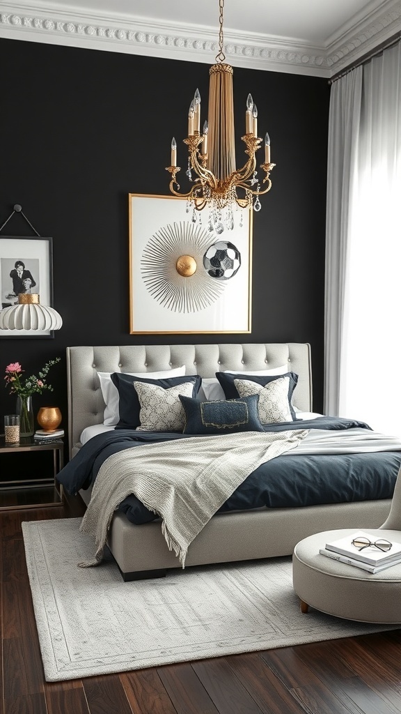 A stylish bedroom featuring a black accent wall, gold chandelier, and elegant decor.
