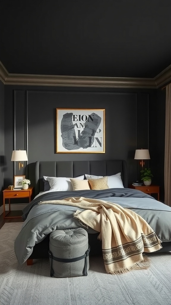 A stylish black bedroom featuring metallic accents, including a gold-framed artwork and sleek lamps.