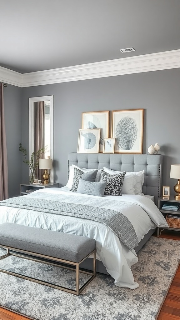 A stylish grey bedroom featuring silver accents, white linens, and modern decor.