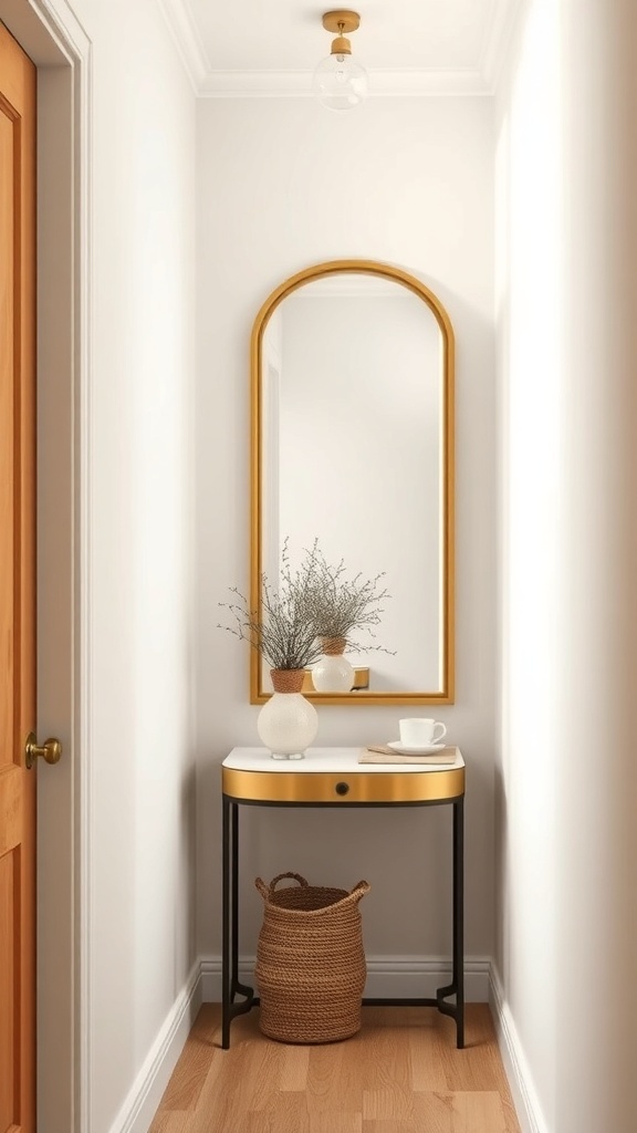 A narrow hallway featuring a large gold-framed mirror above a console table with decor.