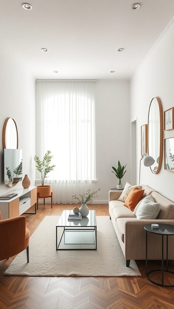 A narrow living room featuring mirrors on the walls, a cozy sofa, and a stylish coffee table.