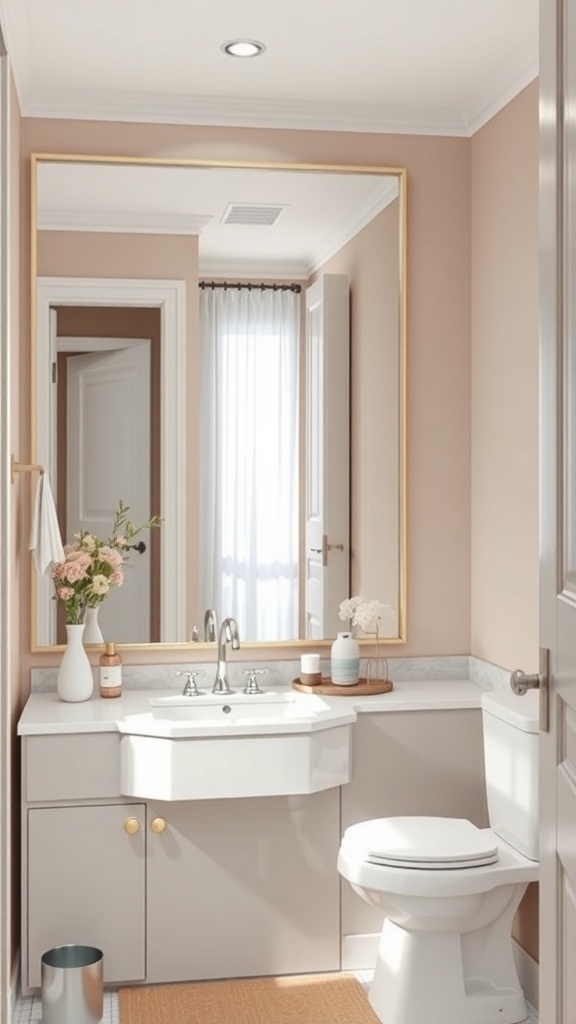A small bathroom featuring a large mirror with a gold frame, pink walls, and a bright window.
