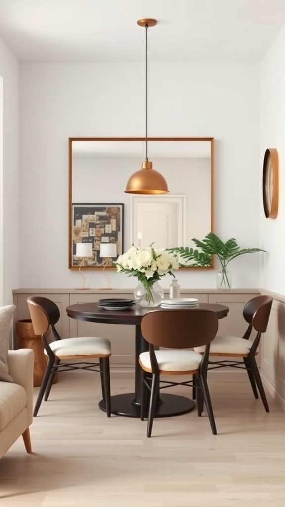 A small dining room featuring a round table, modern chairs, and a large mirror above the table.