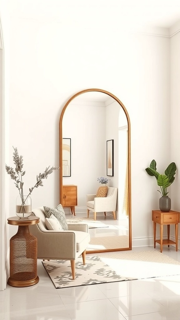 A stylish entryway featuring a large arched mirror, cozy seating, and decorative elements.