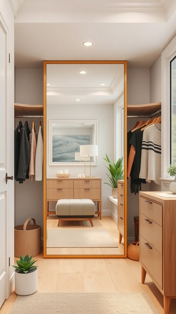 A stylish small walk-in closet featuring a large mirror, wooden furniture, and plants.