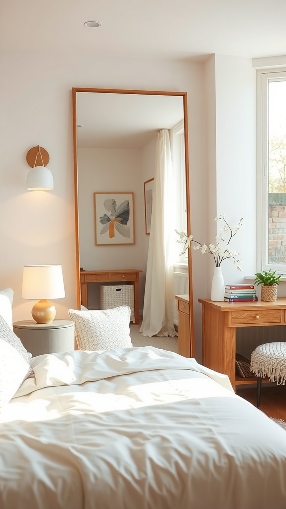 A cozy small bedroom featuring a large mirror that reflects light, creating a sense of depth and space.