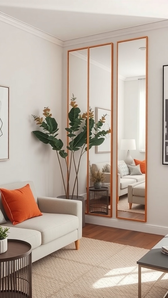 A cozy living room featuring three tall mirrors, a light sofa with orange cushions, and a plant, creating an illusion of space.