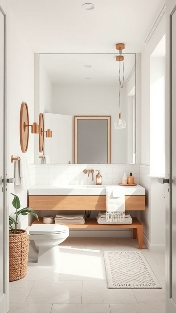 Bright and modern small bathroom with a large mirror reflecting natural light, wooden vanity, and warm decor.