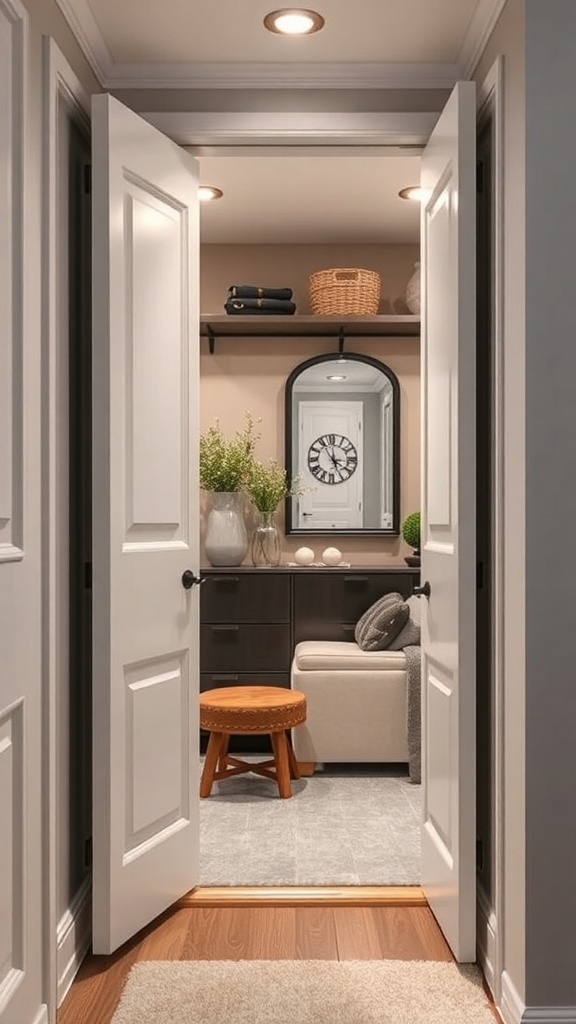 A well-organized small closet with a mirror, showcasing an inviting and bright space.