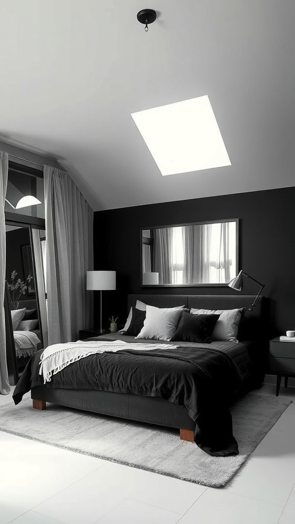 A stylish black bedroom featuring a large mirror, modern decor, and a cozy atmosphere.