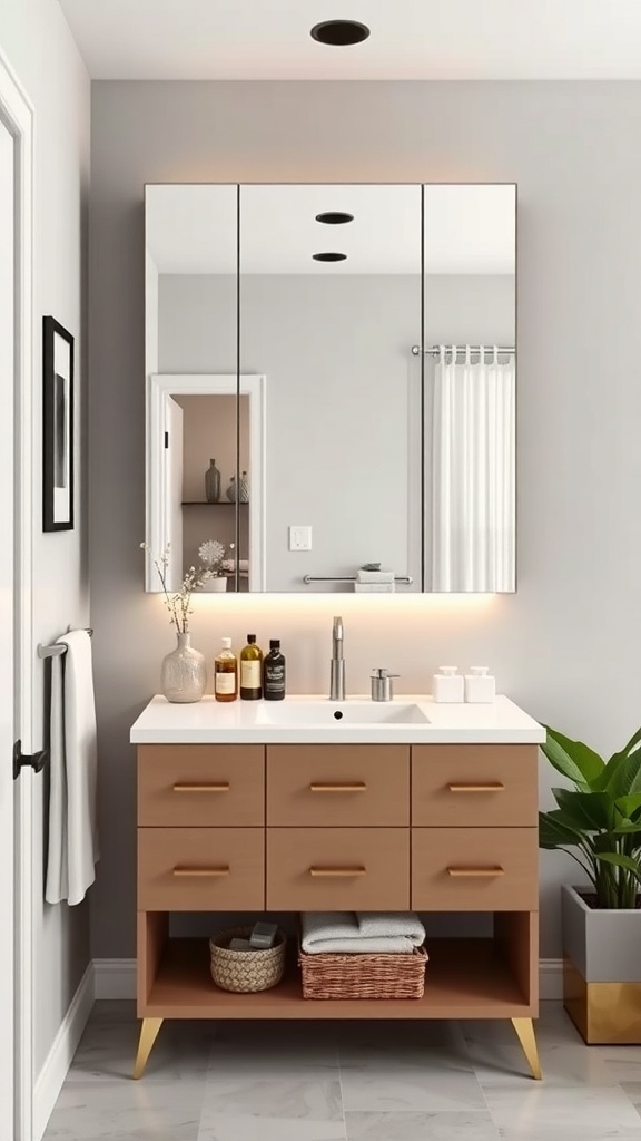 Modern bathroom with mirror and storage cabinet