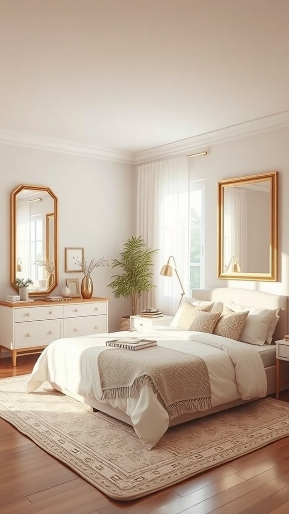 A clean girl bedroom featuring a bed, two mirrors, and a plant, creating a bright and inviting atmosphere.