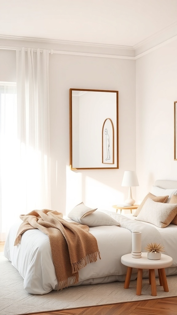 A cozy guest bedroom featuring a bed with neutral bedding, a small side table, and a large mirror on the wall.