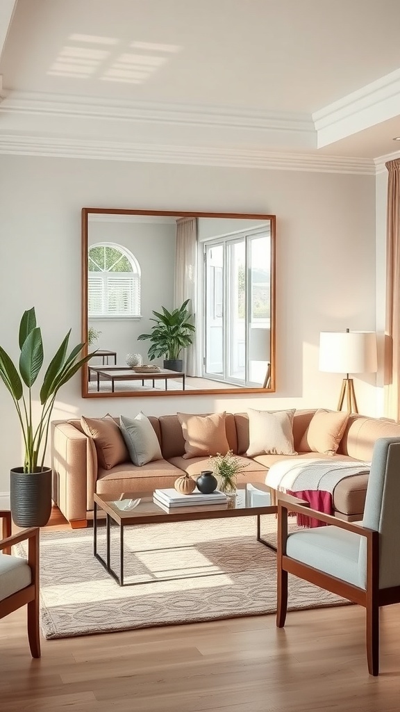 A small living room featuring a large mirror above a sofa, reflecting natural light and plants, creating a bright and inviting space.