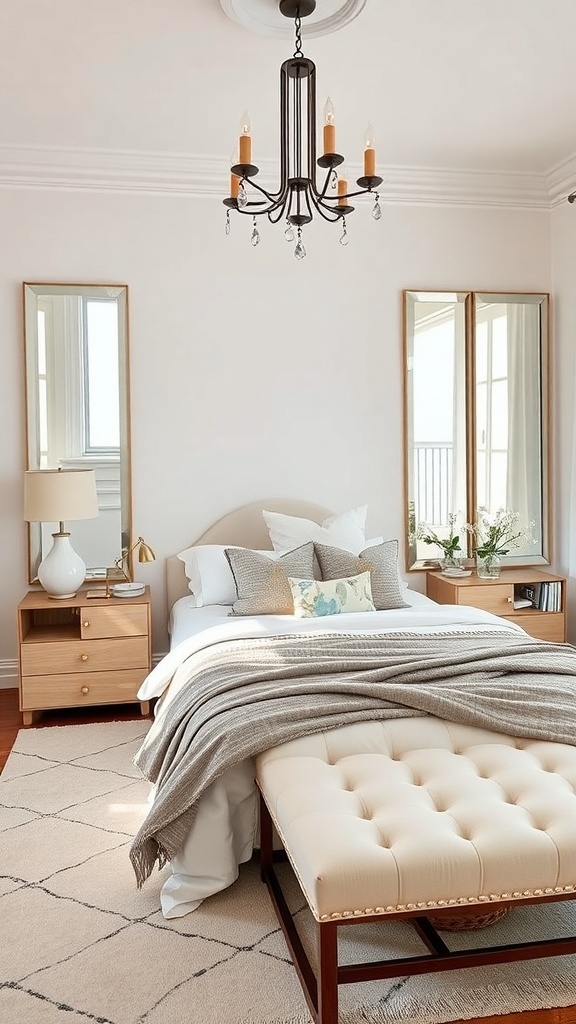 A cozy single bedroom featuring a bed with a grey throw, a chandelier, and mirrors reflecting light.
