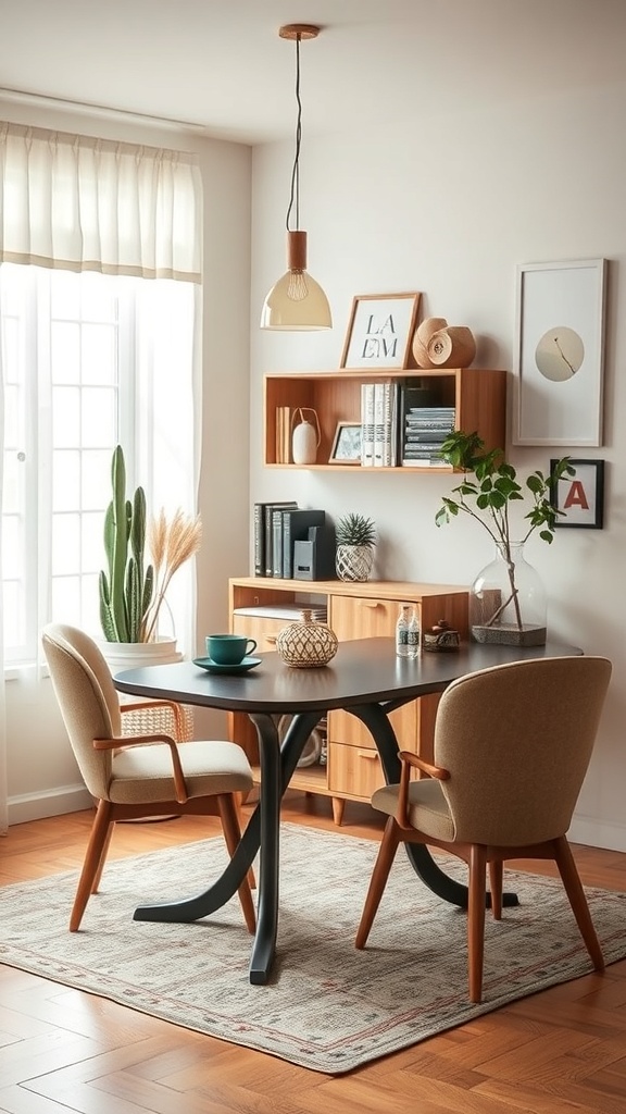 A small home office featuring a multi-functional table, two chairs, and a shelving unit with plants and decor.
