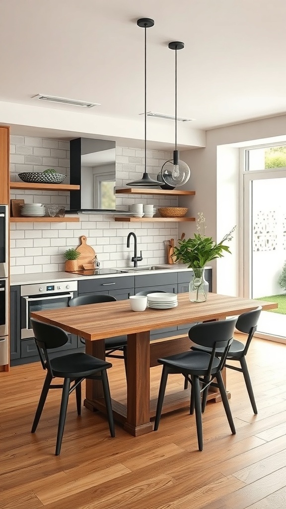 Stylish apartment kitchen with a wooden table and black chairs