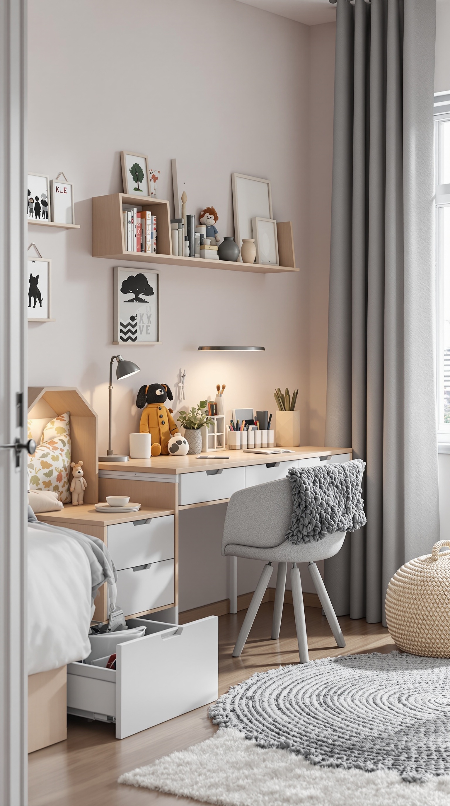 A well-organized kids room featuring a desk with storage, a cozy bed, and decorative shelves.