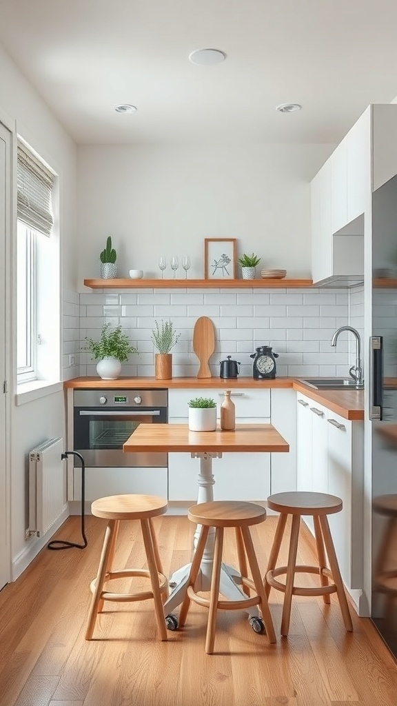 A small kitchen featuring a multi-functional table and stools, open shelving, and a clean design.