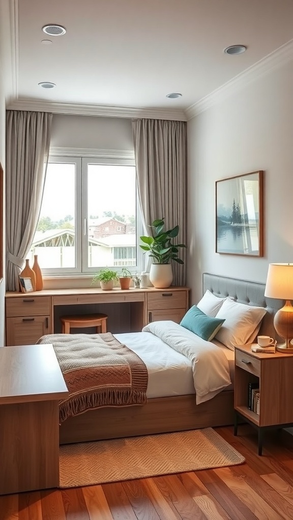 A small cozy bedroom featuring multi-functional furniture including a bed with storage, a desk by the window, and plants for decoration.