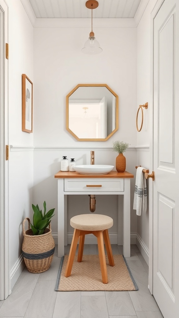 A small half bathroom featuring a compact vanity, a stool, and a plant for decoration.