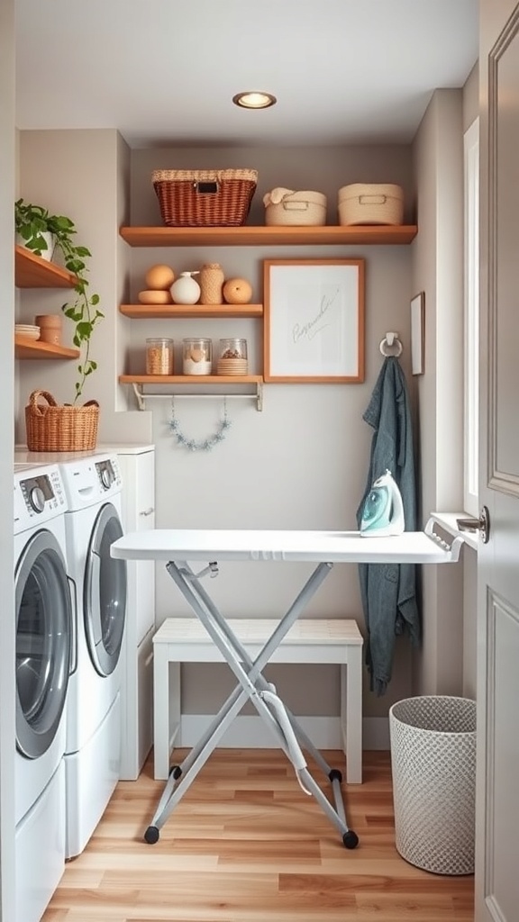 A small laundry room with white appliances, a folding table, and organized shelves.