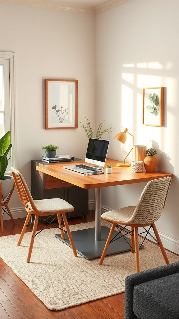 A cozy tiny home office with a wooden desk, two chairs, and plants.