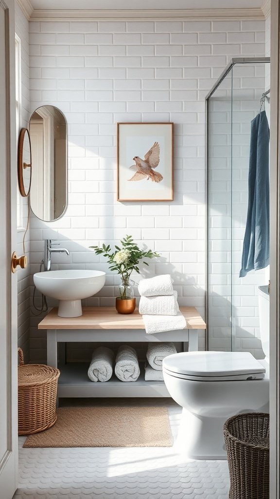 A small, organized bathroom featuring a wooden shelf under a round sink, neatly stacked towels, a plant, and a woven basket.