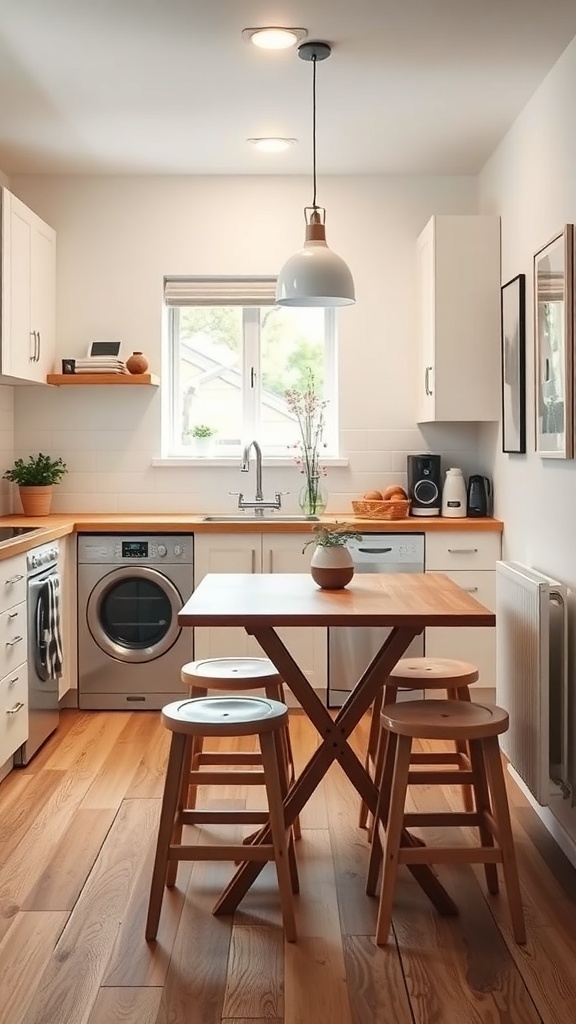 A small kitchen featuring a functional dining table, washing machine, and light wooden flooring.