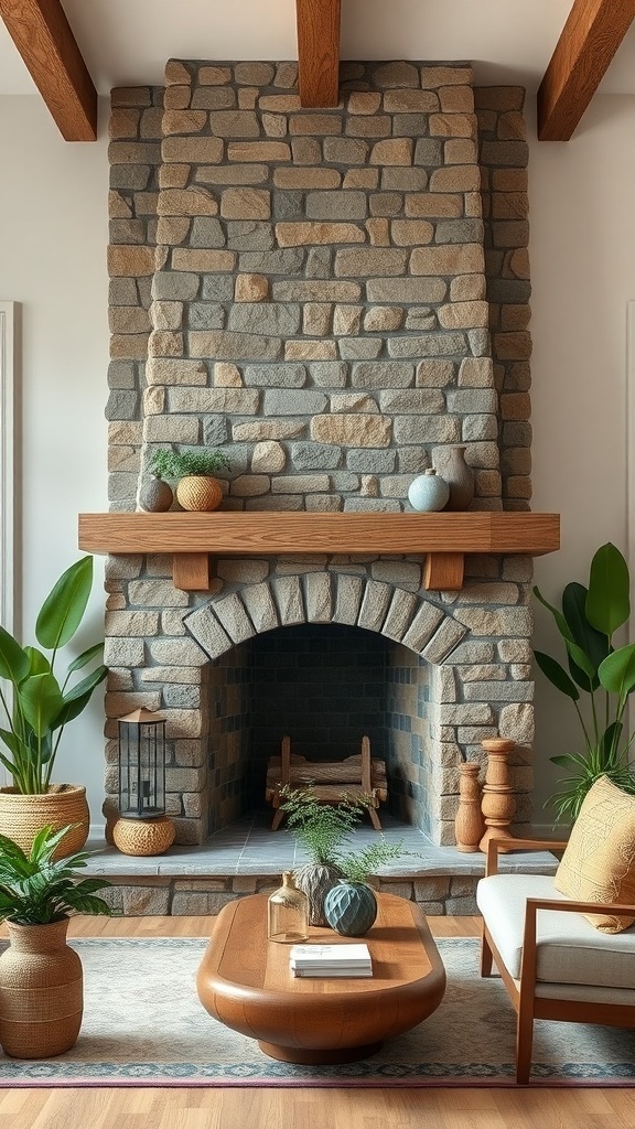 A rustic stone fireplace surrounded by plants and wooden furniture