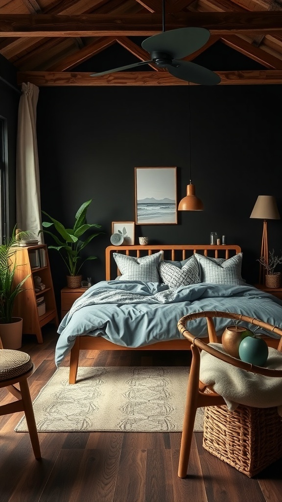 A cozy dark bedroom featuring wooden ceiling, plants, and warm lighting.