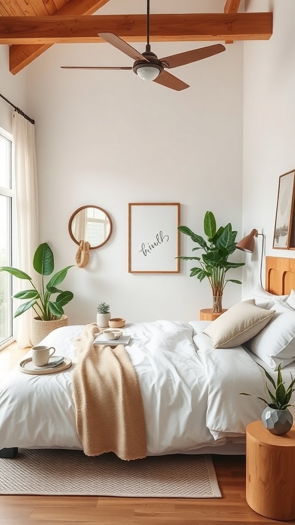 A cozy bedroom featuring plants, warm wood accents, and soft textiles.
