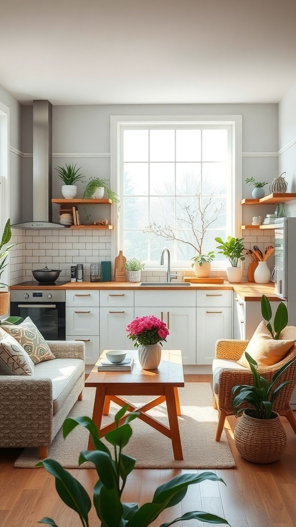 A cozy apartment kitchen featuring plants, wooden elements, and soft textiles.
