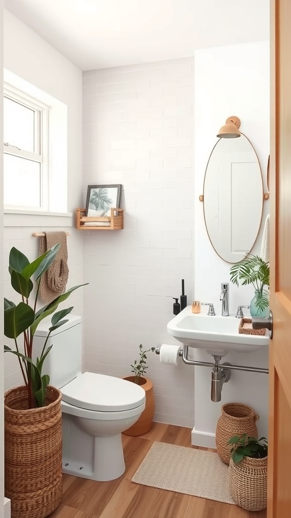 Bright small bathroom featuring plants, woven baskets, and natural lighting.