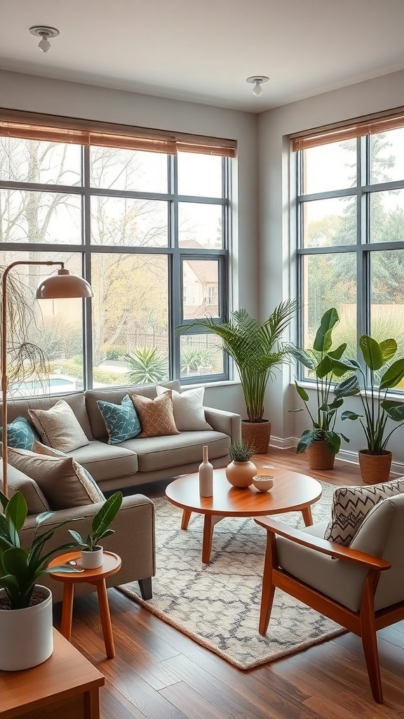 Cozy mid-century modern living room with large windows, plants, and wooden furniture.