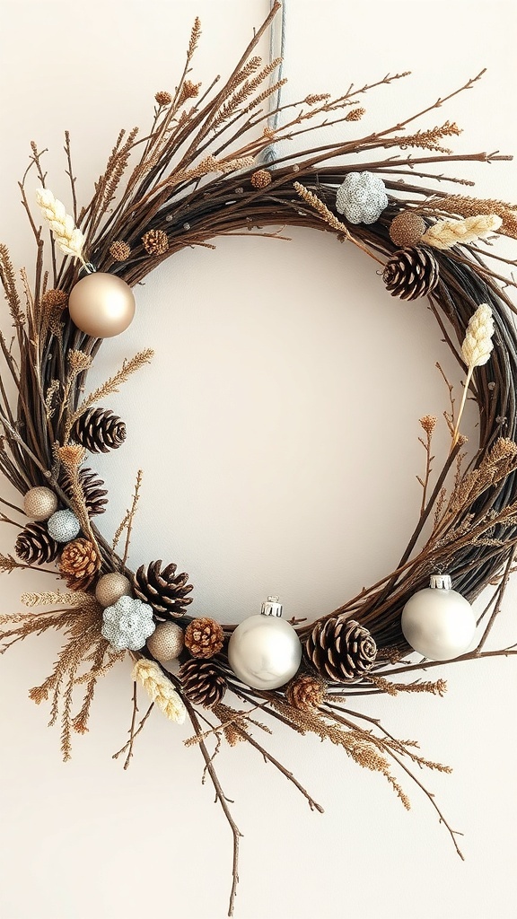 A decorative wreath made of twigs, pine cones, and ornaments, showcasing a blend of natural and festive elements.