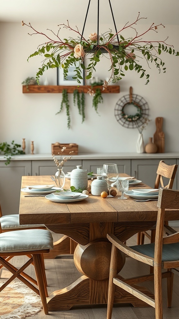 A rustic dining table with wooden texture, floral arrangement above, and simple table settings.