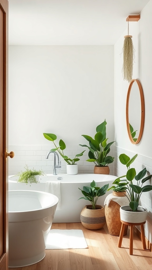 A small master bathroom featuring a freestanding tub, plants in various pots, and natural wood accents.