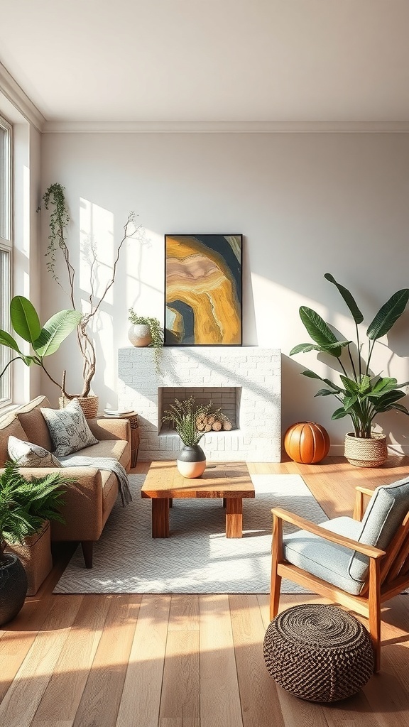 Cozy living room with natural elements, including plants, wooden furniture, and earthy artwork.