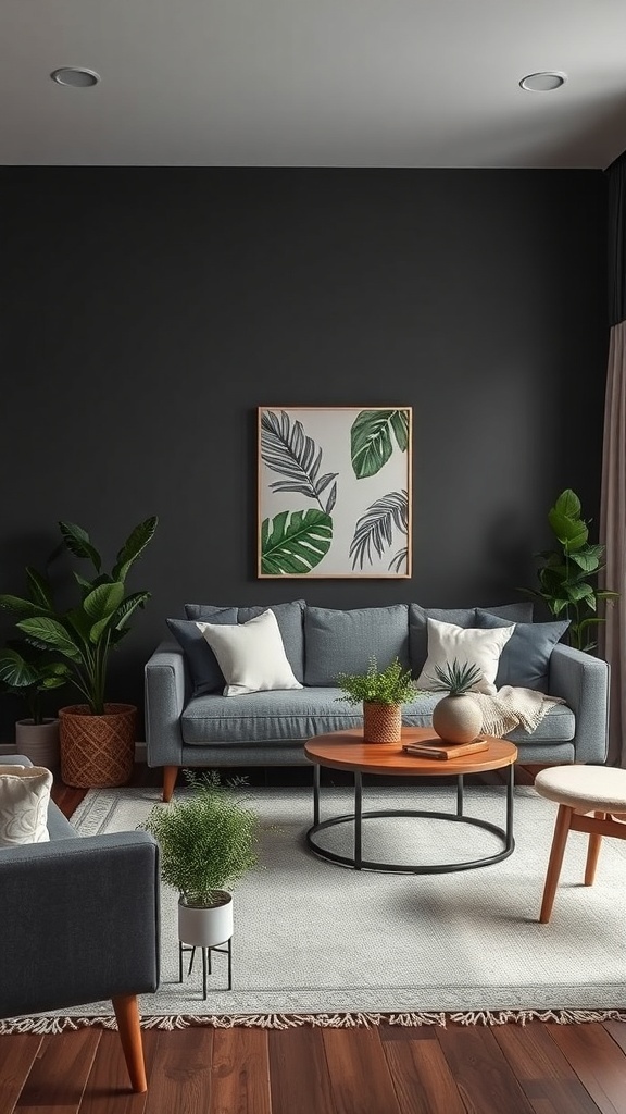 A cozy dark living room with plants, a coffee table, and artwork featuring leaves.