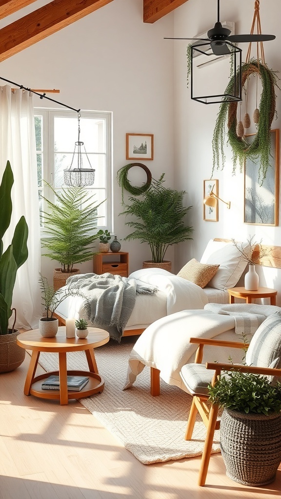 A cozy winter bedroom featuring natural elements like plants, wooden furniture, and soft textiles.