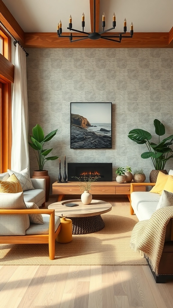 A cozy living room with wooden furniture, plants, and natural light.