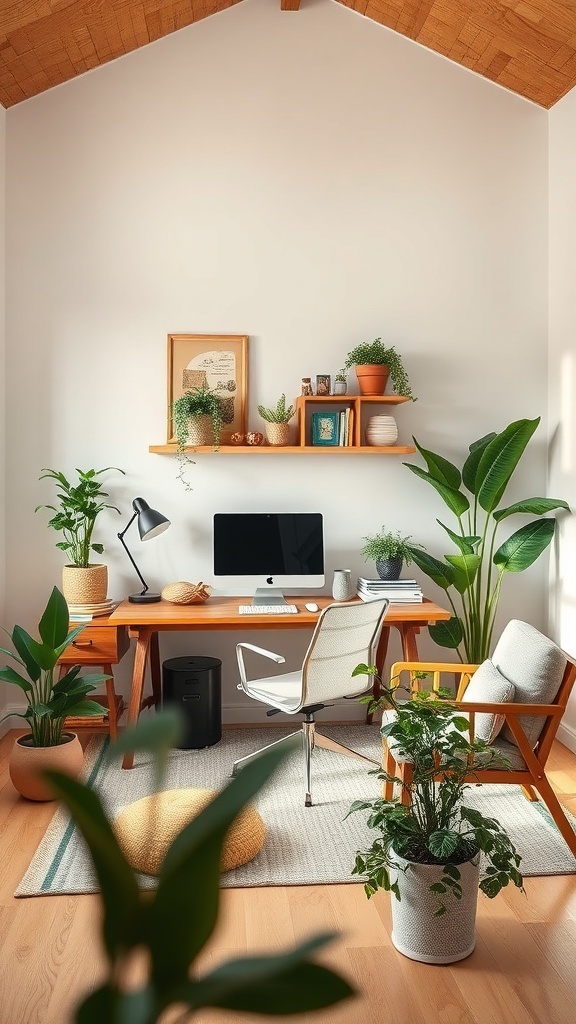 A cozy home office featuring a wooden desk, computer, and various plants.
