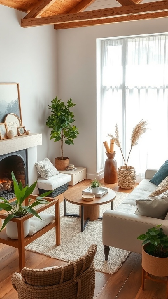 Cozy living room with wooden beams, plants, and natural light