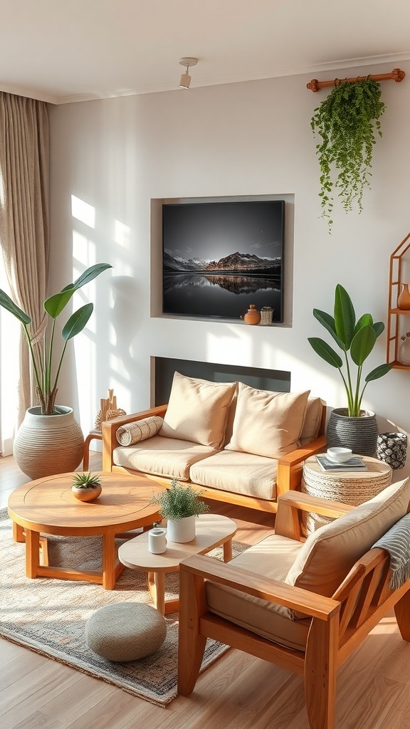 Cozy living room with wooden furniture, plants, and soft textiles