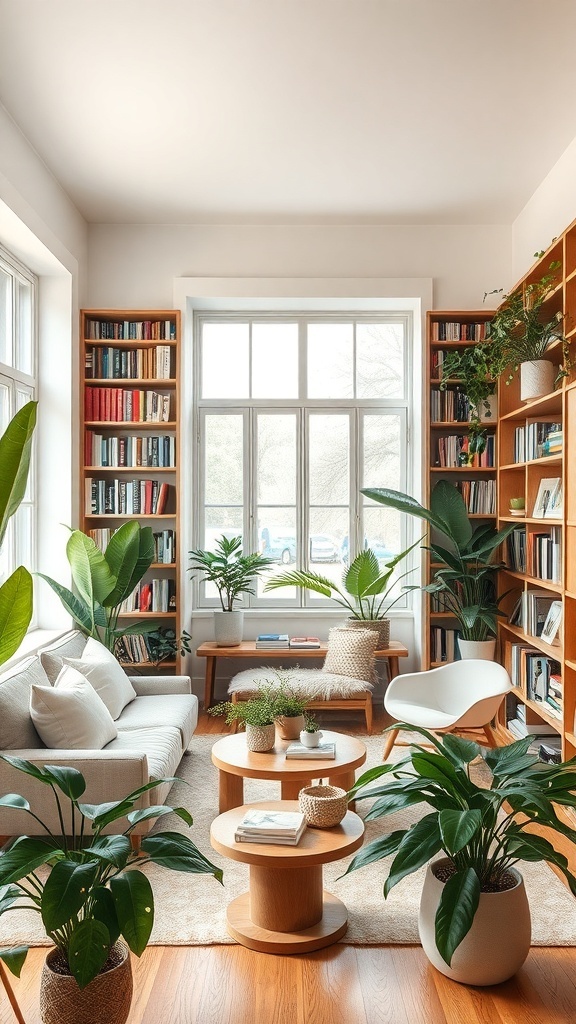 A cozy home library with large windows, wooden shelves filled with books, and various indoor plants.