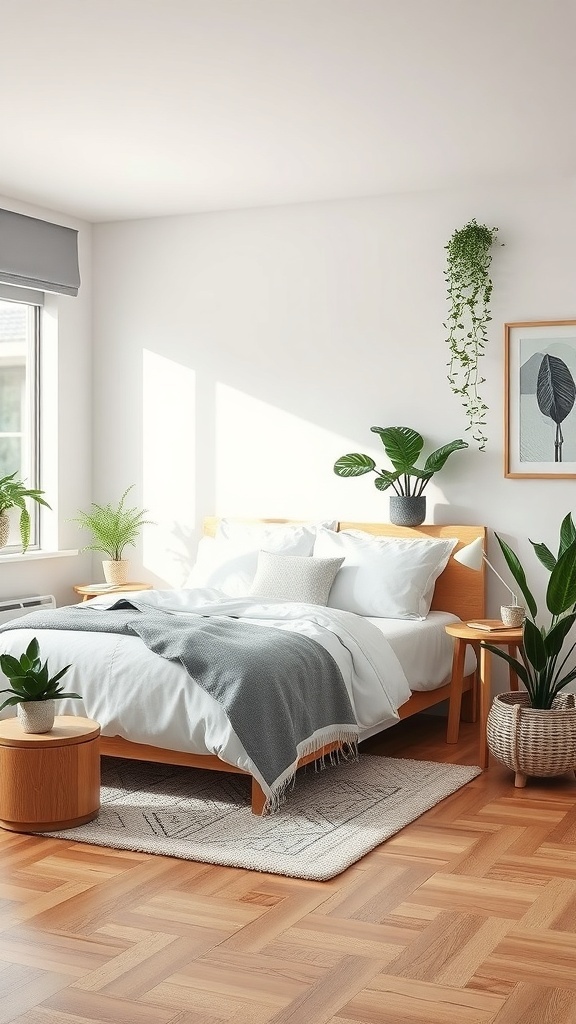 A cozy grey and white bedroom featuring wooden furniture and various indoor plants.