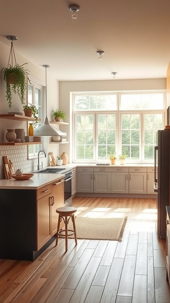 A small kitchen with large windows allowing natural light, wooden floors, and plants.