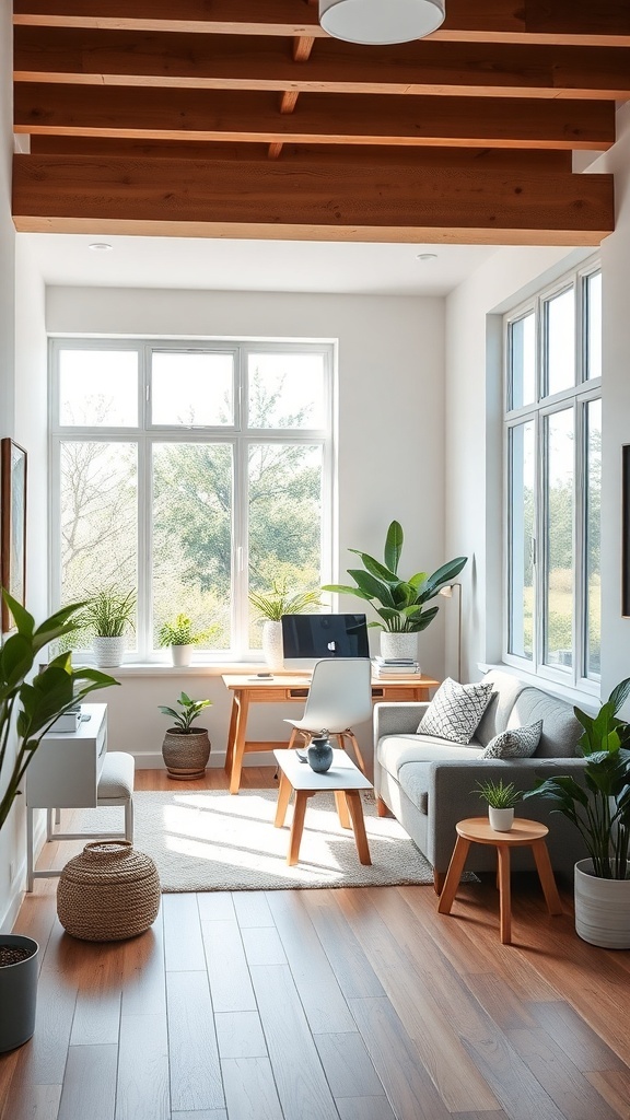 A bright small office with large windows, plants, and wooden beams.