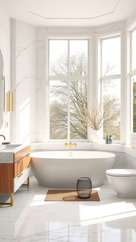 A bright marble bathroom with large windows, a freestanding tub, and natural decor.